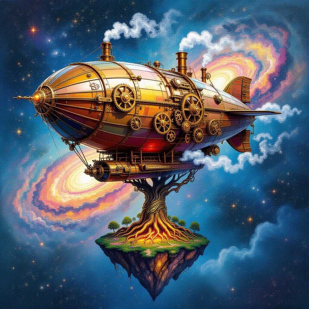 Steampunk Airship Soaring Through Cosmic Nebula