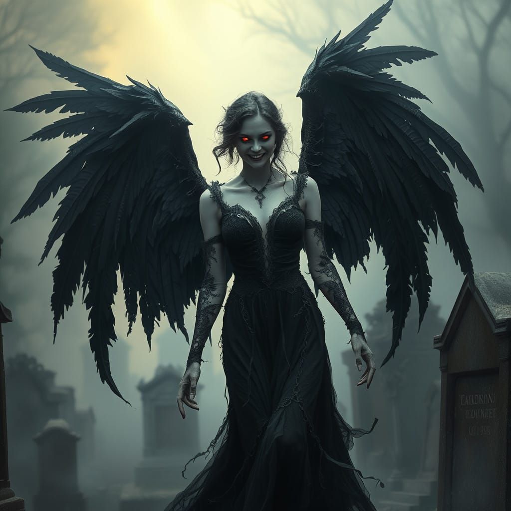 Ethereal Dark Angel in a Haunting Graveyard Scene