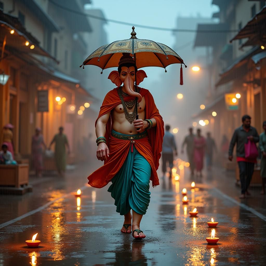 Ganesha Walking in Rain in Varanasi at Dusk