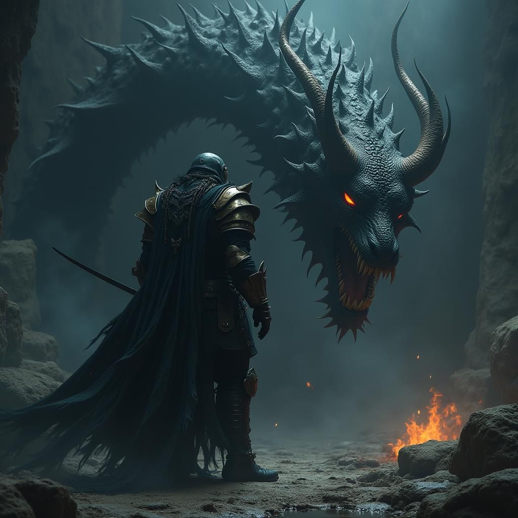 Warrior Confronts Hydra in Dark Fantasy Battle