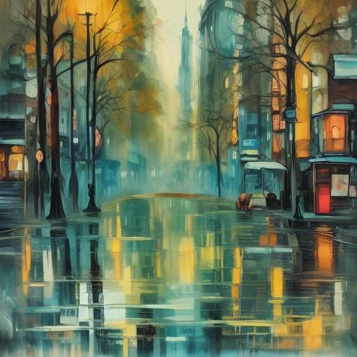 Nothing Shaking on Shakedown Street, cars, people, guy in green zoot suit and a fedora, neo-impressionism expressionist ...