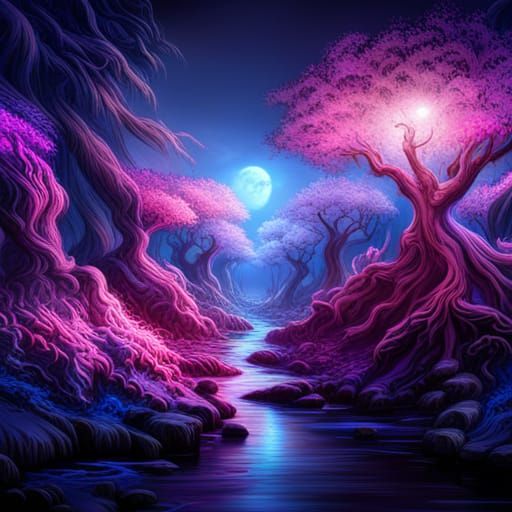 Enchanted Blue Forest with Dragons: Fantasy Art