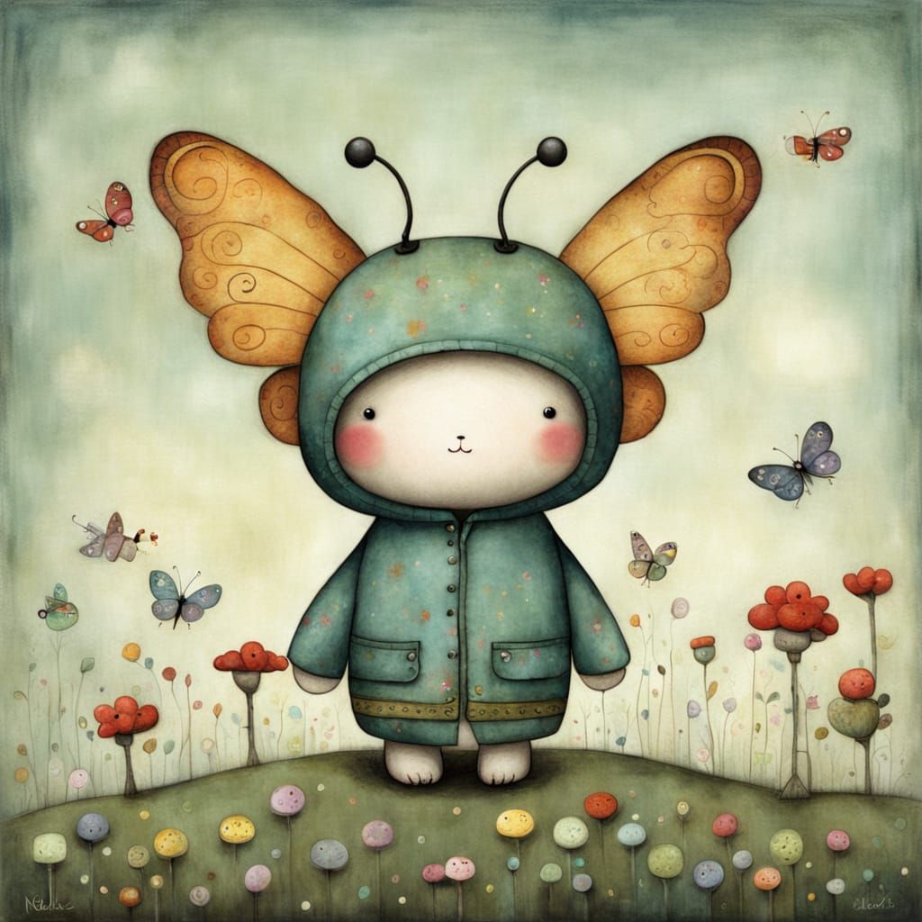 Adorable Confused Butterfly in Cute Folk Art Style