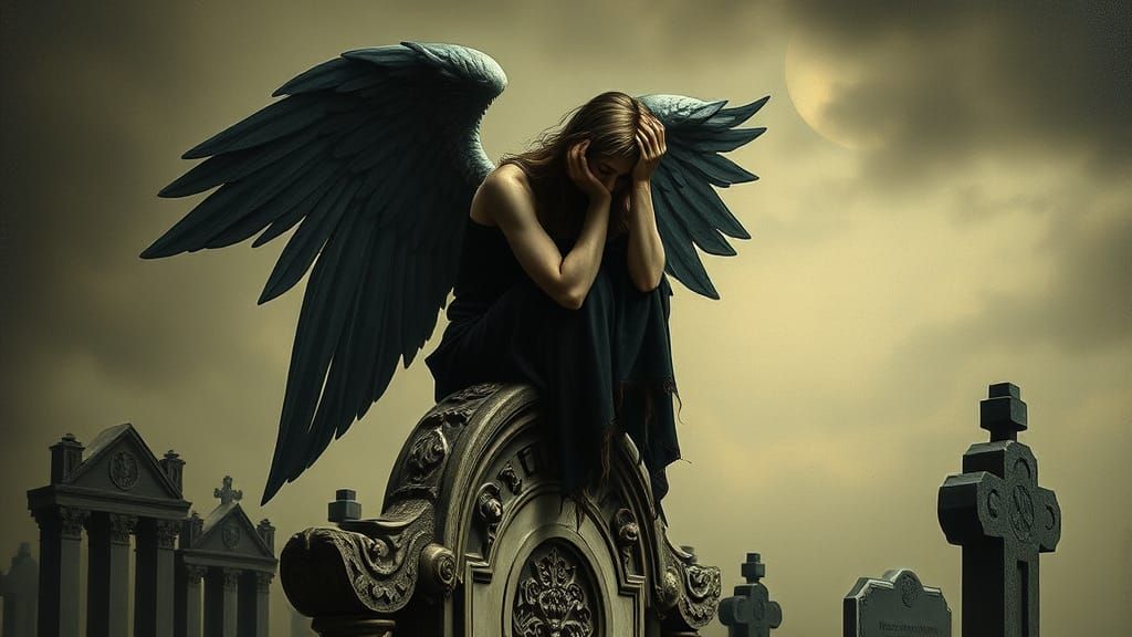 Angel of Death in Victorian Cemetery: Oil Painting