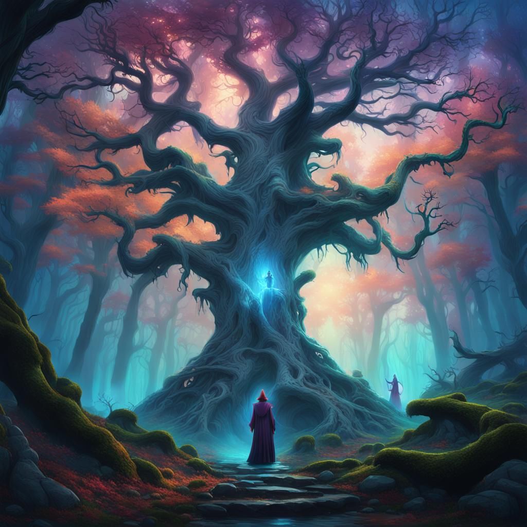Mystical Sorceress in Ethereal Forest: Fantasy Concept Art