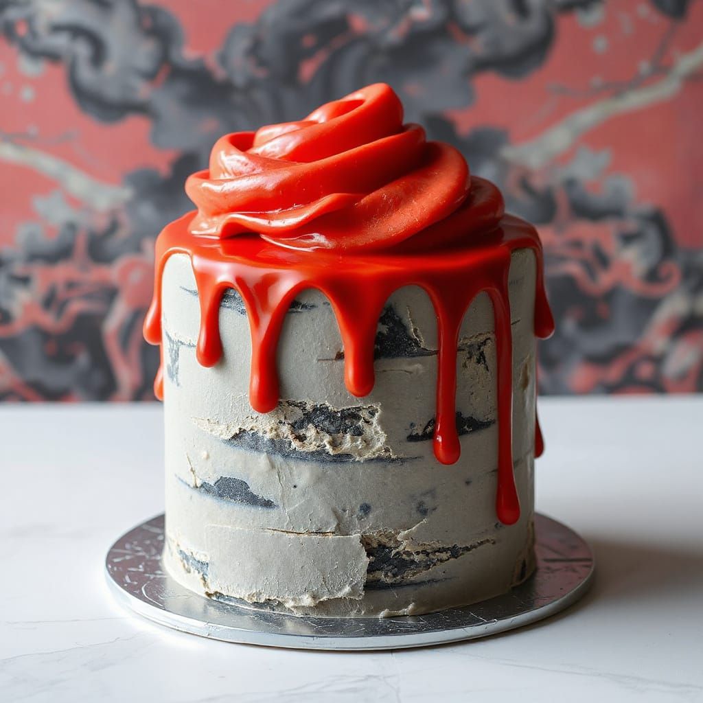 Surreal Vermilion and Grey Abstract Cake