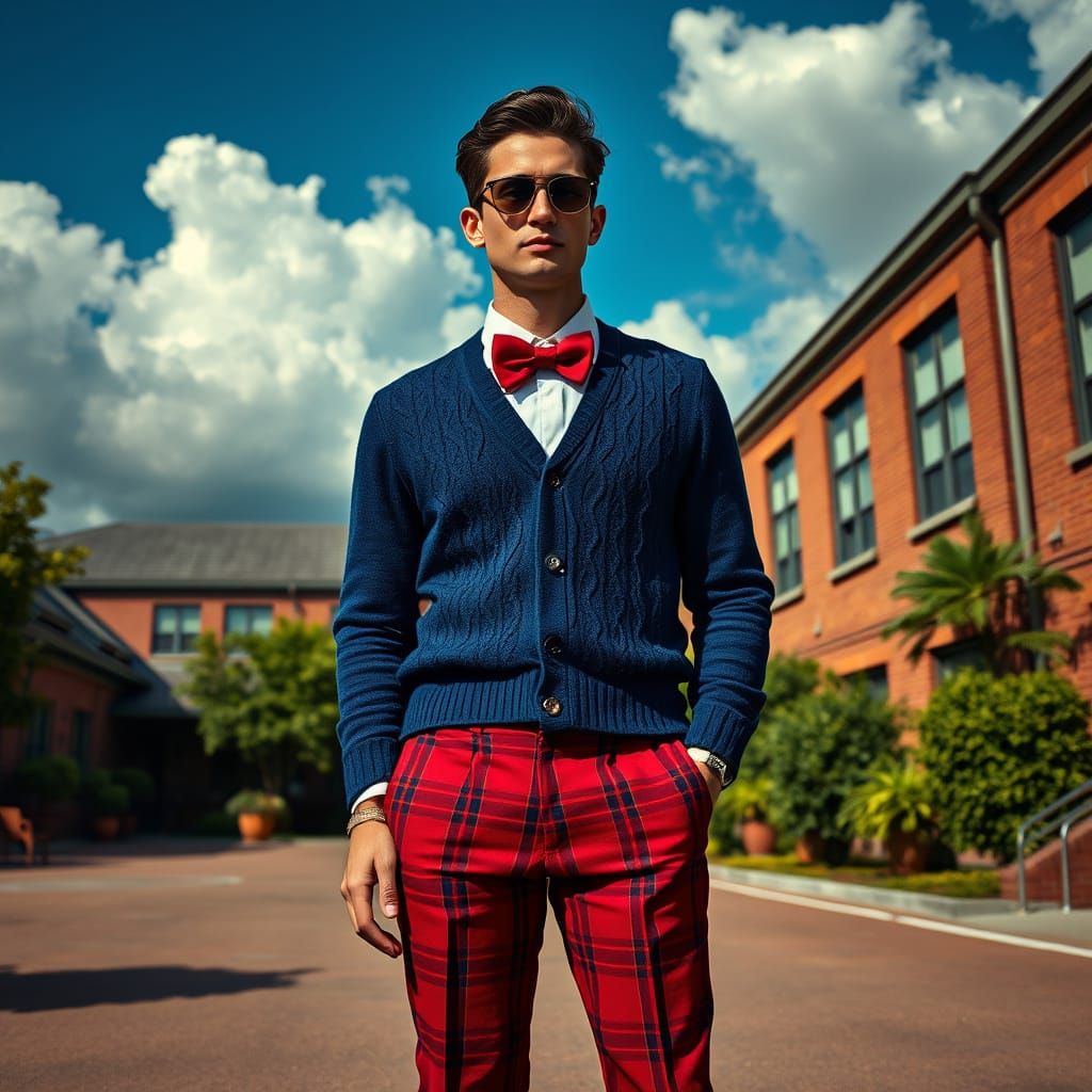 Elegant Men in Rich Blue Cardigans and Bold Red Accessories