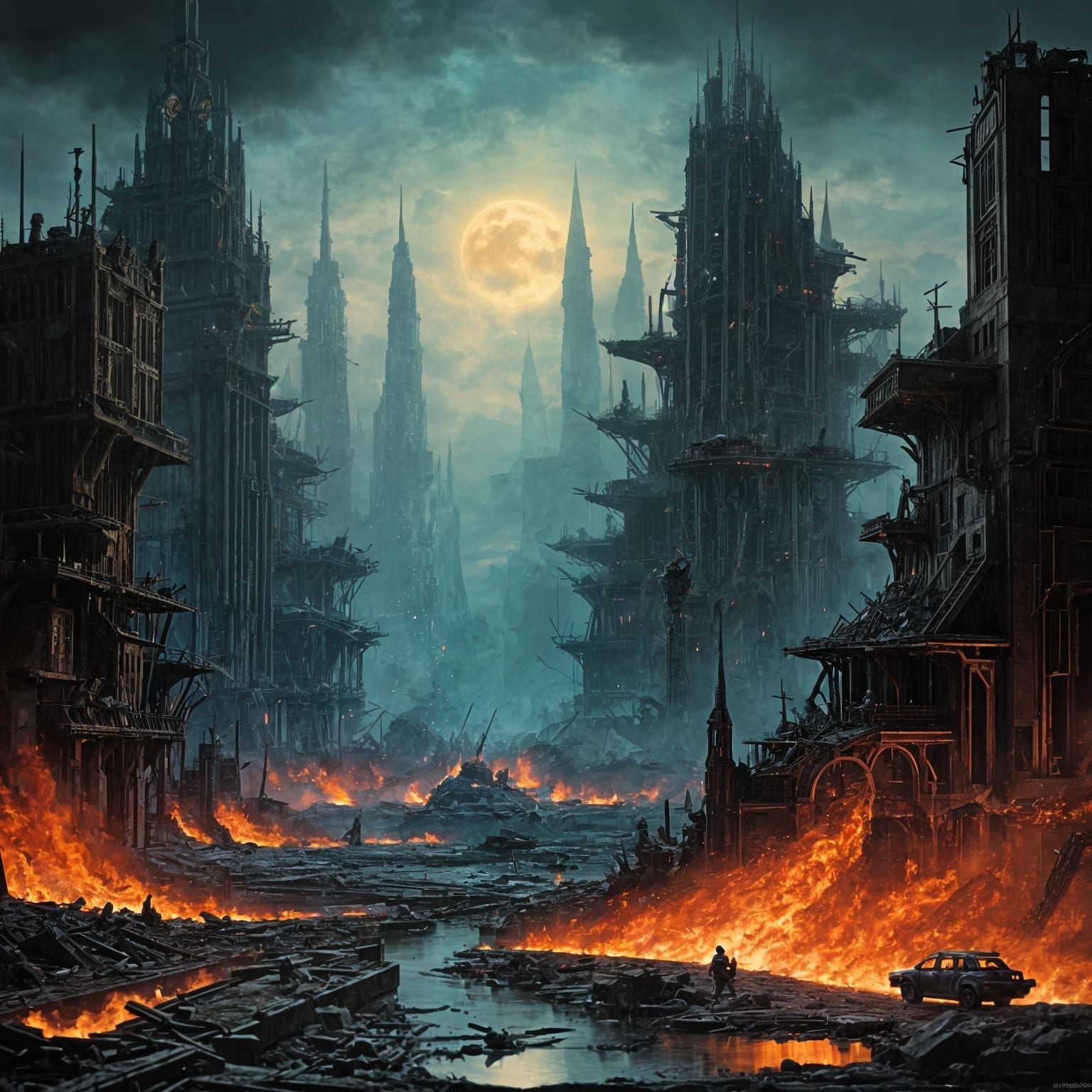 Apocalyptic Ruins in a Fiery, Smoldering Haze