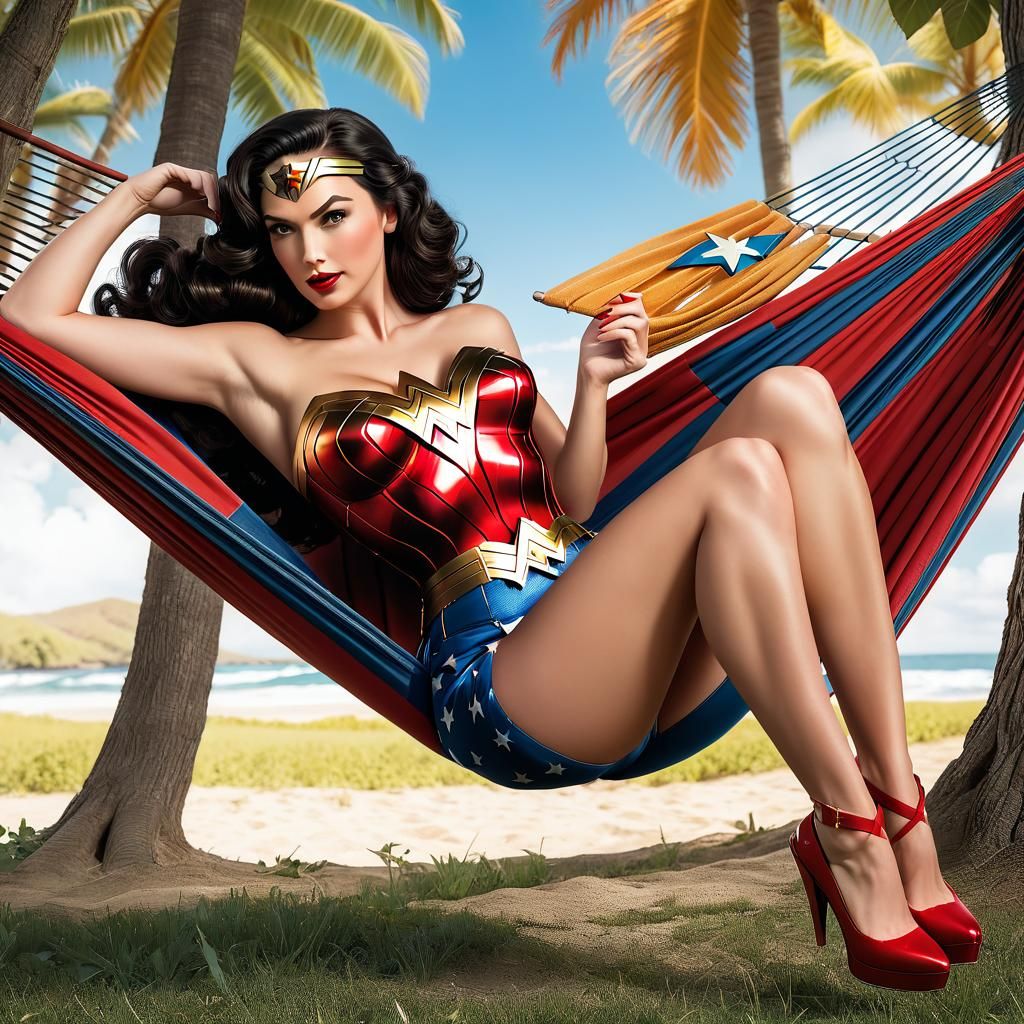 Wonder Woman Relaxing in Hammock, Pinup Style