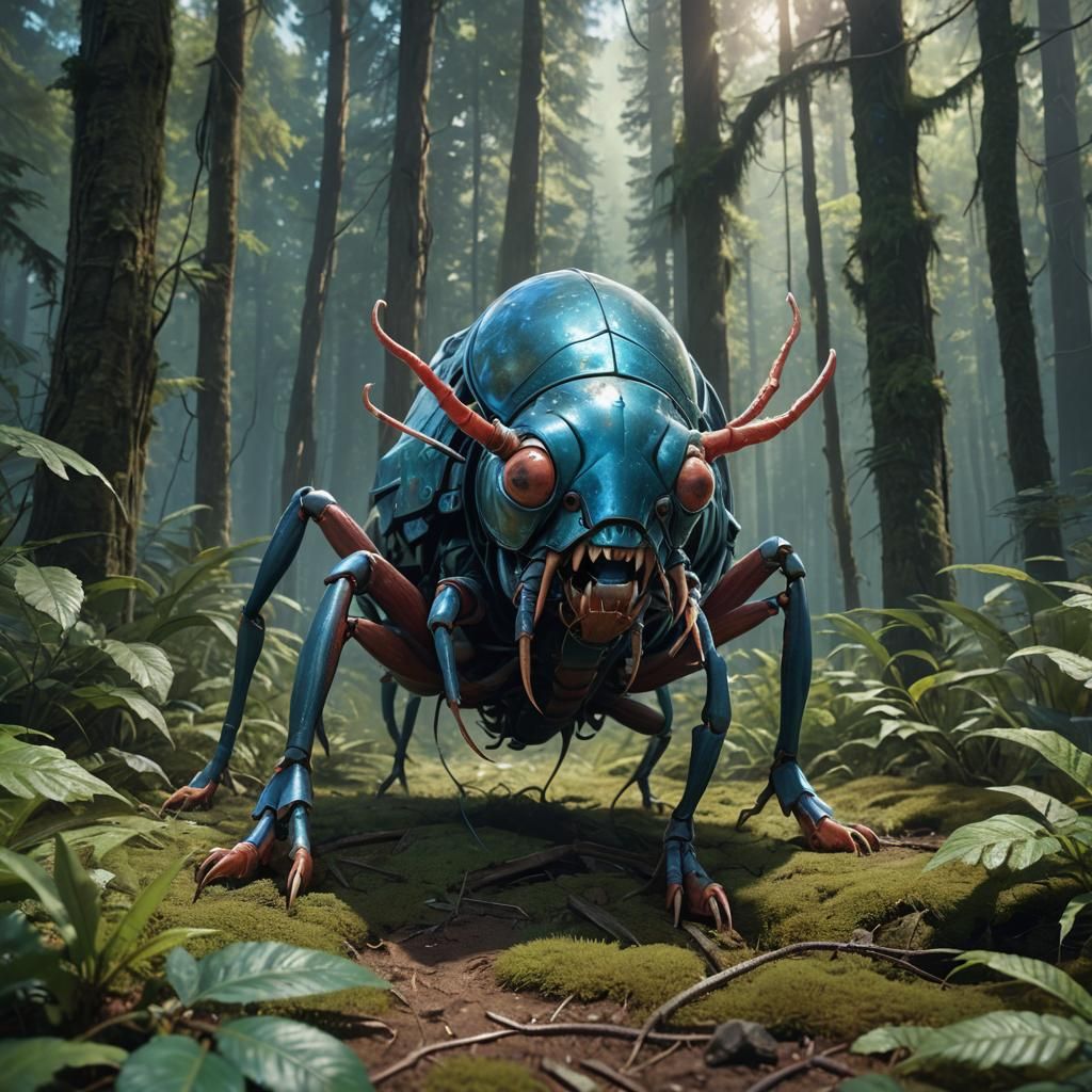 Giant Flea Crushing Dog in Lush Forest