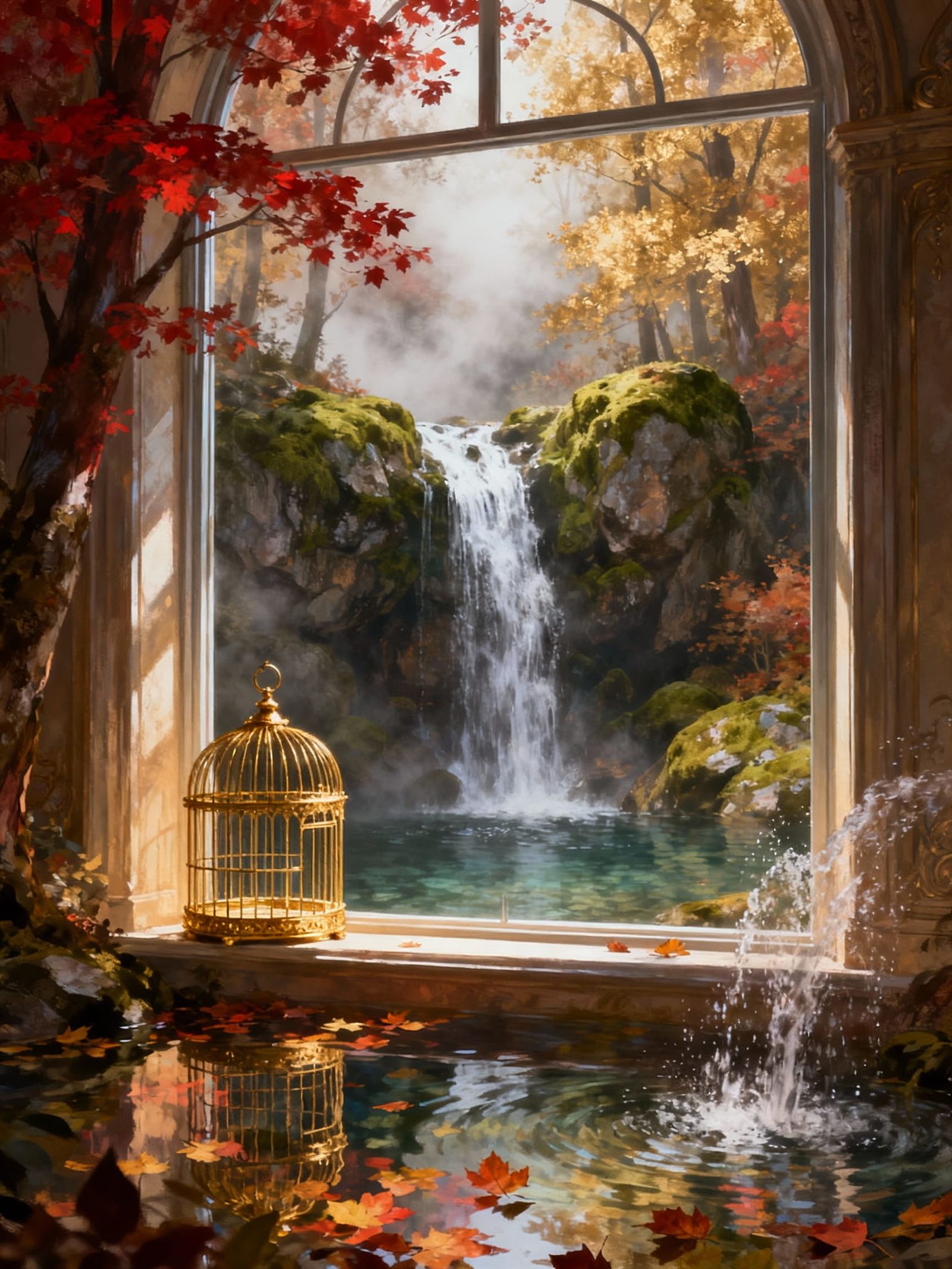 Golden Bird Cage Overlooking Autumn Waterfall