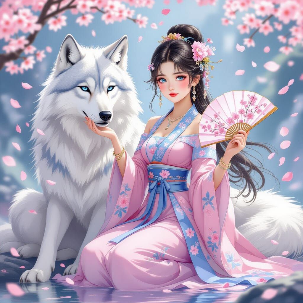 Chinese Fantasy Girl with White Wolf Portrait