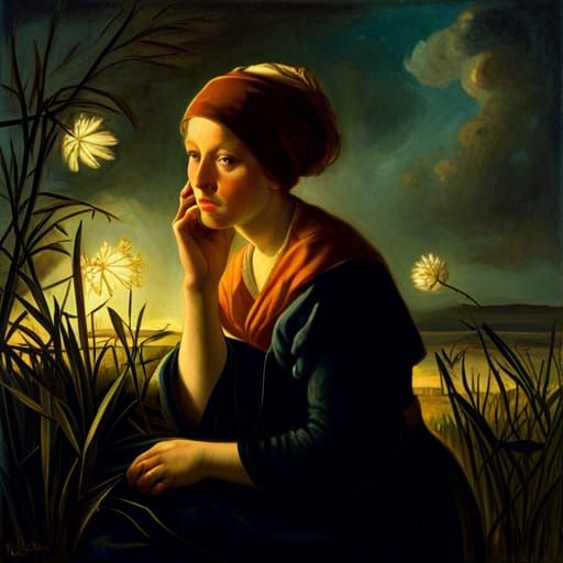 Woman with Fireflies: Vermeer-Style Digital Painting