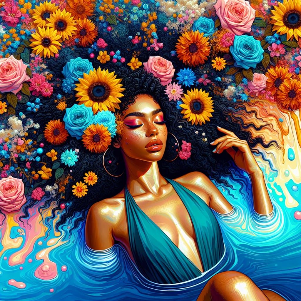 Woman with Flowers in Synthwave Impressionistic Style