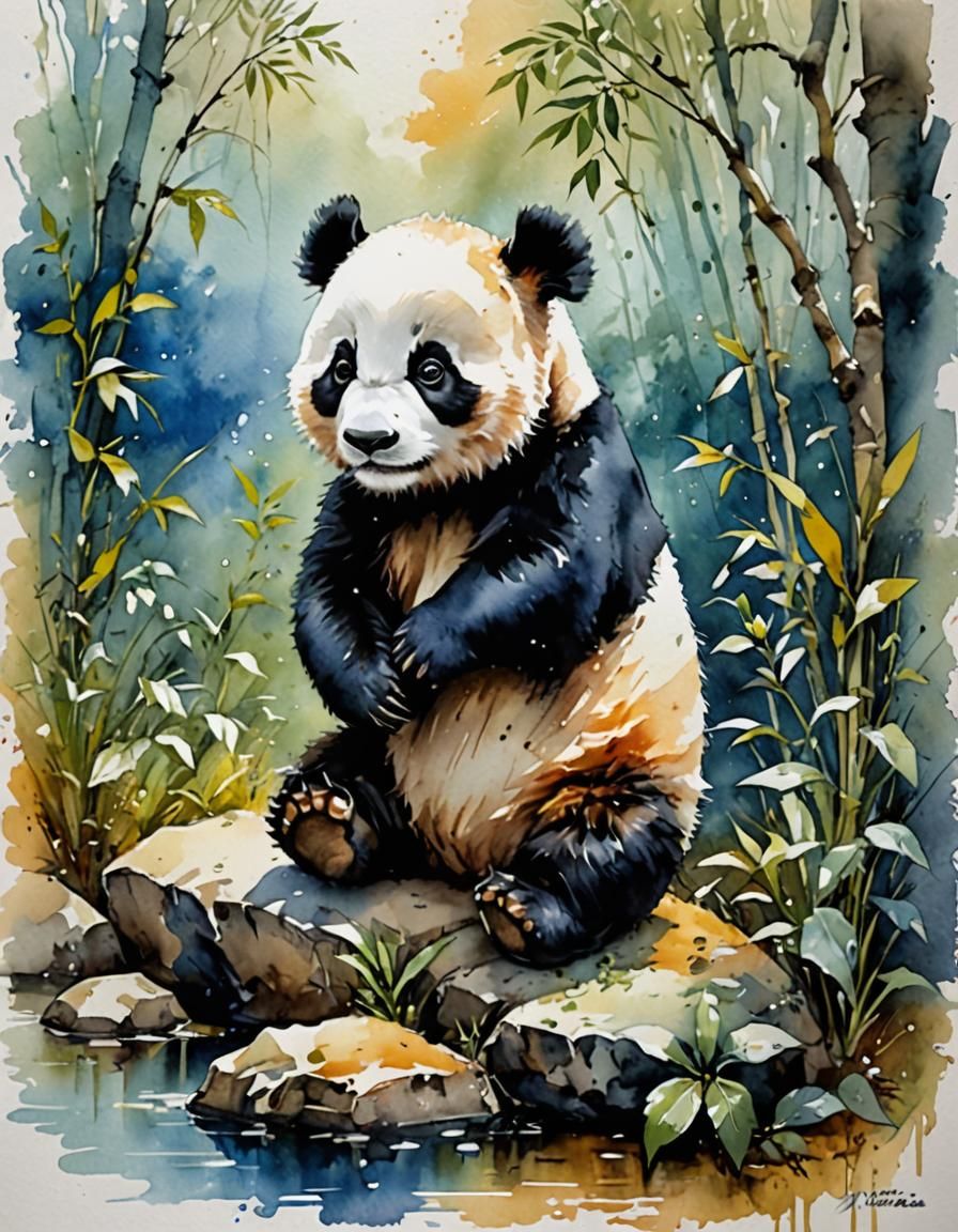 Whimsical Baby Panda Portrait in Watercolor Style