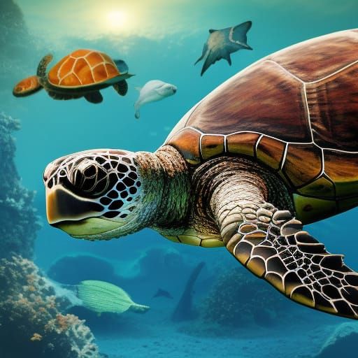 Sea Turtles and Starfish in Detailed Ocean Scene