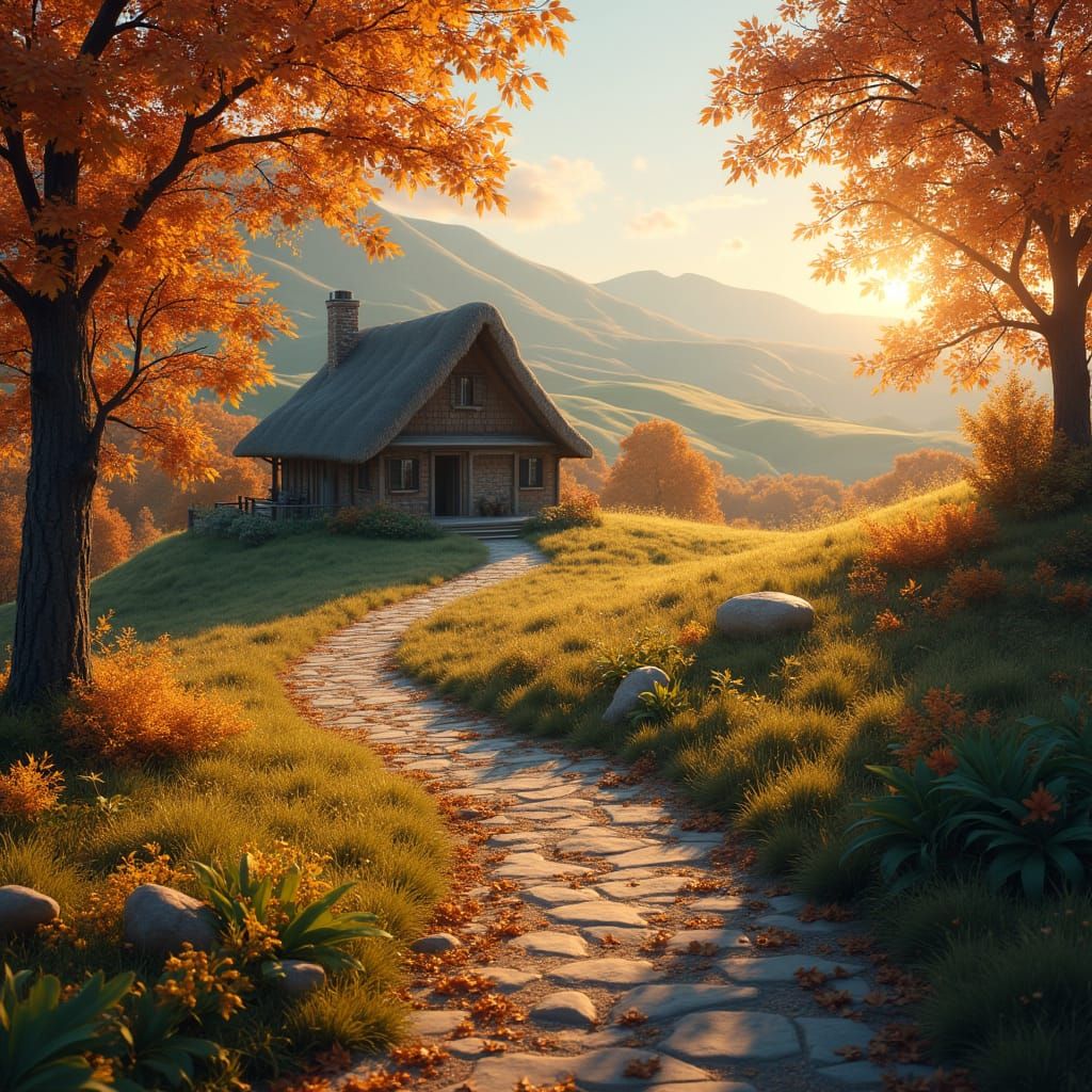 Autumn Cottage Scene in Golden Light