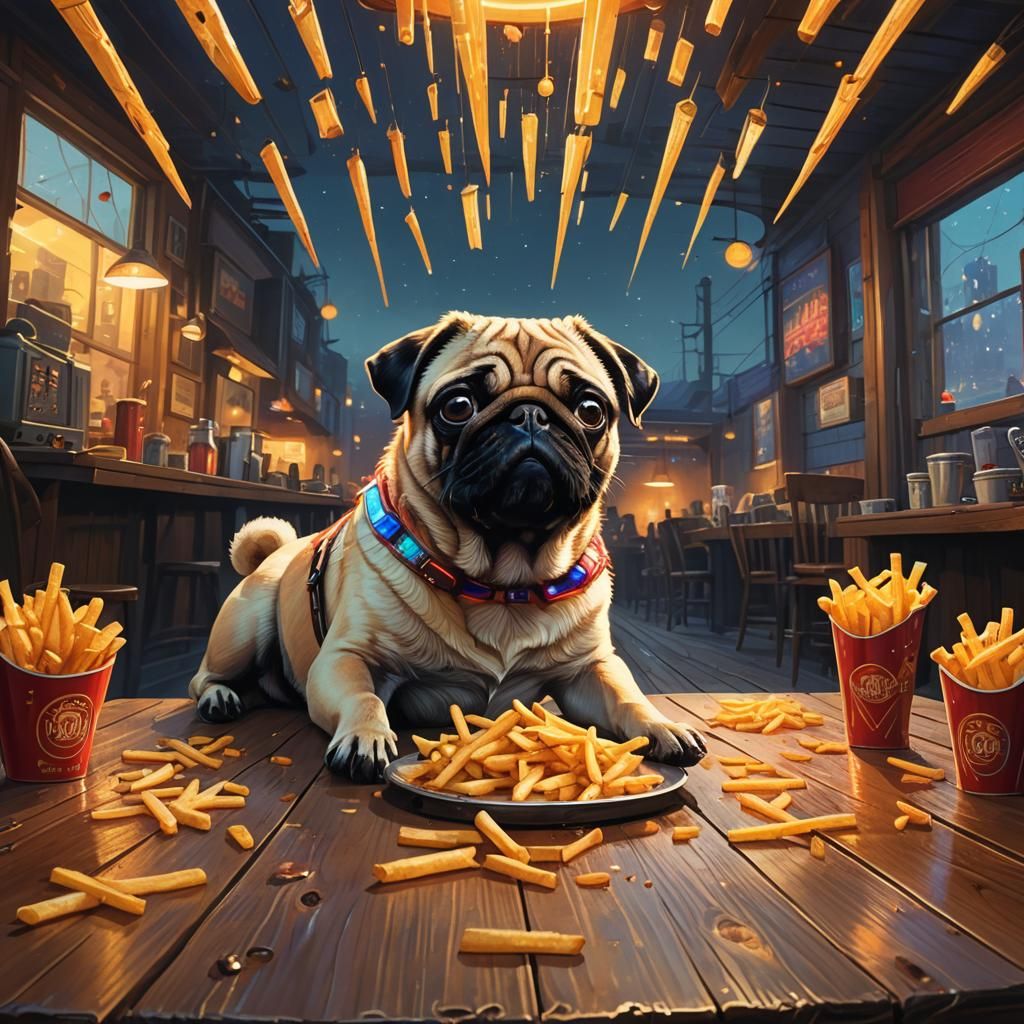 Pug Enjoys Fries with Iridescent Light, Stylized Textures