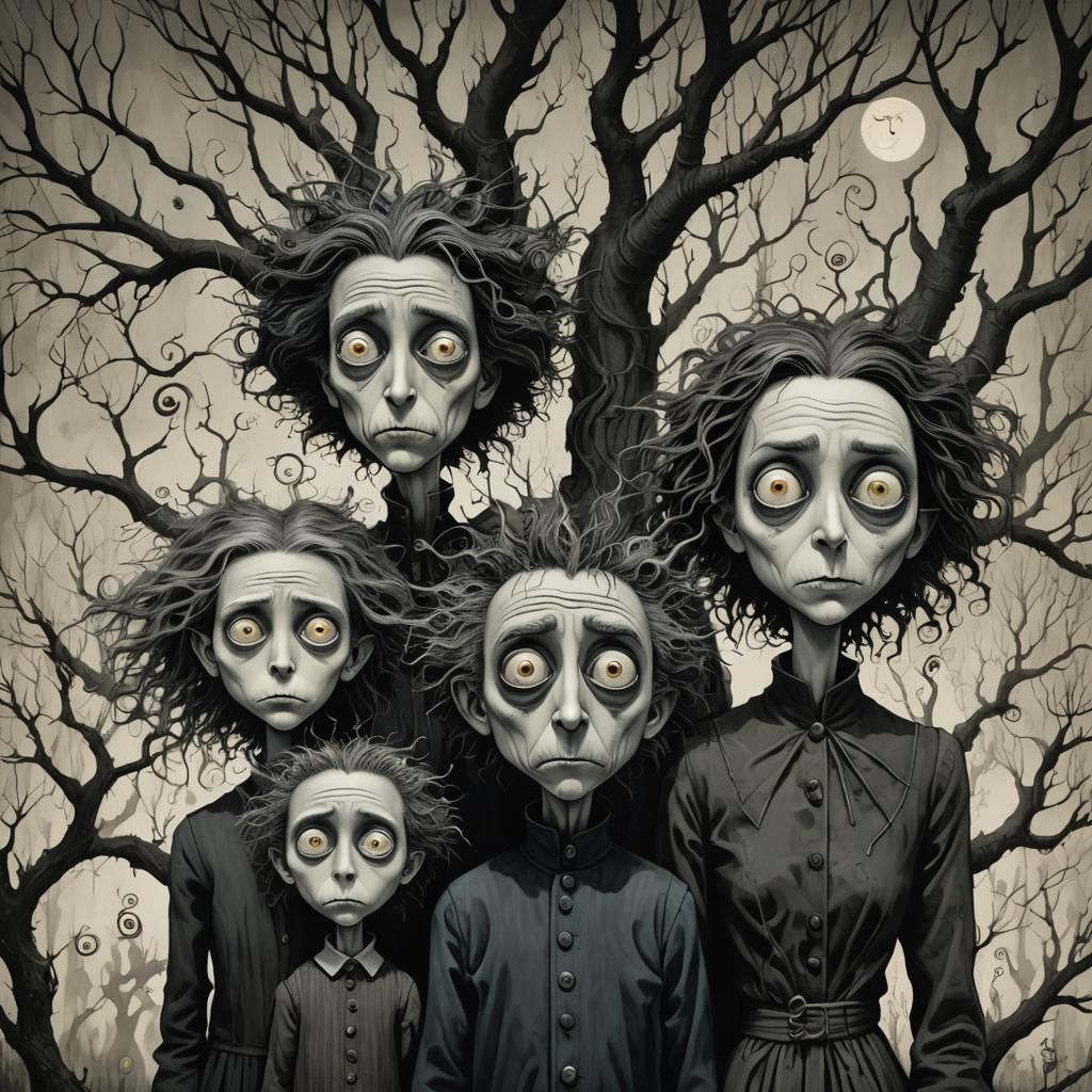 Creepy Family Wandering in a Gothic Landscape