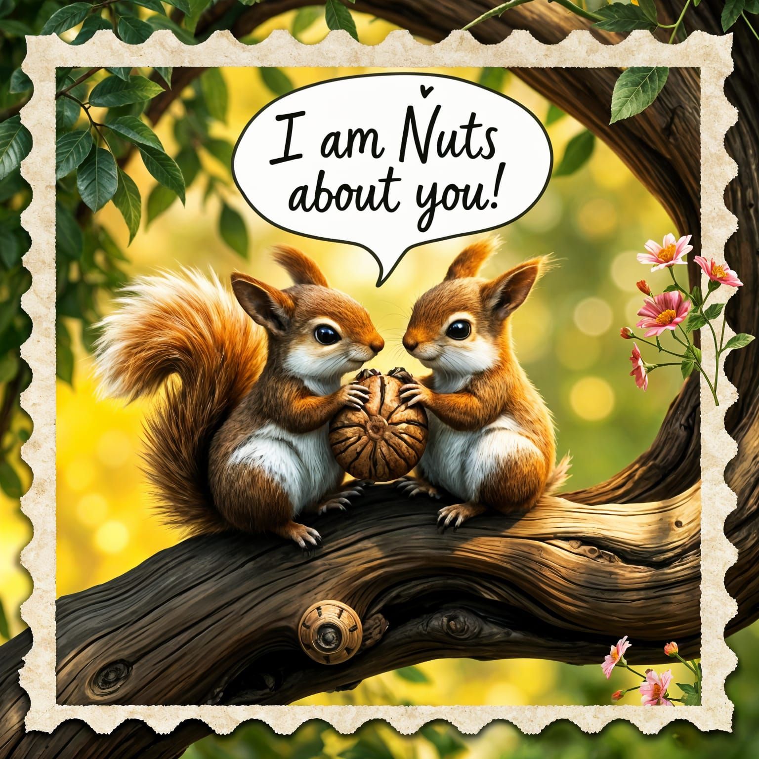 Squirrels in Love Hold Hands in a Romantic Tree Branch Scene