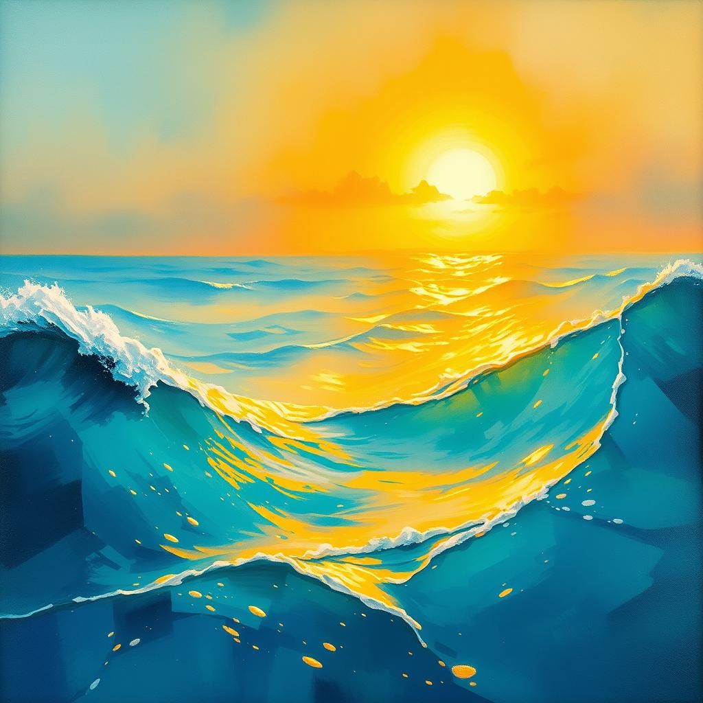 Turquoise Waves at Sunrise in Gouache Style