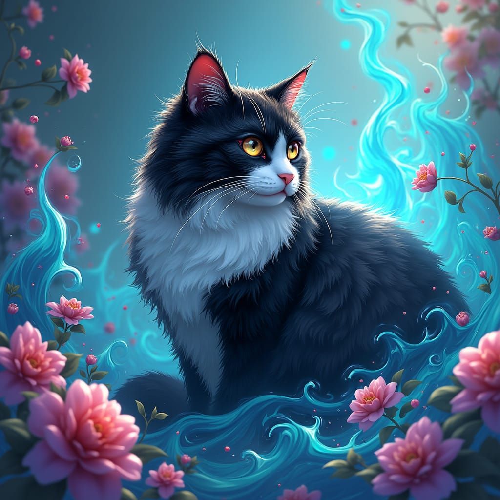 Majestic Tuxedo Cat Engulfed in Colorful Anime Flames