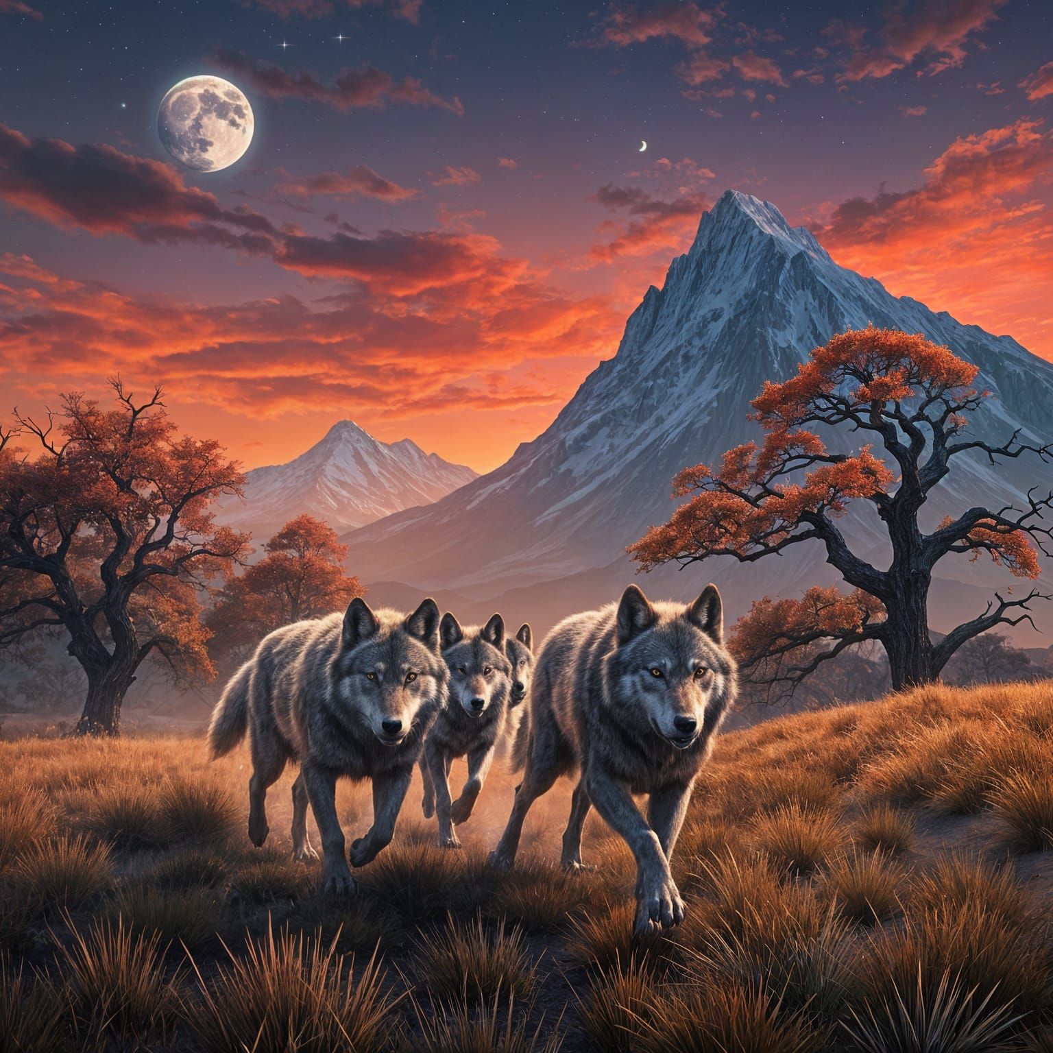 Wolves Run Towards Mountain Under Full Moon