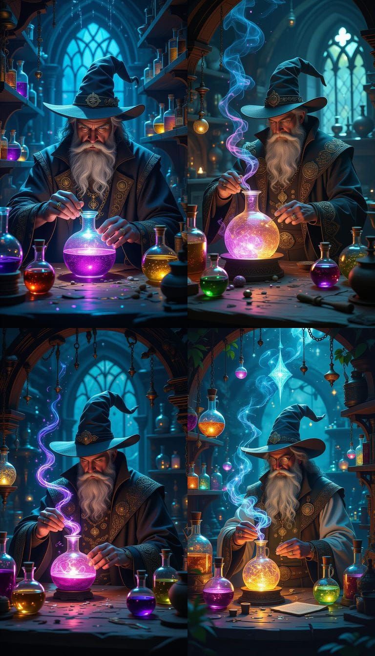 Master Alchemist Crafts Sparkling Potions in Mystical Labora...