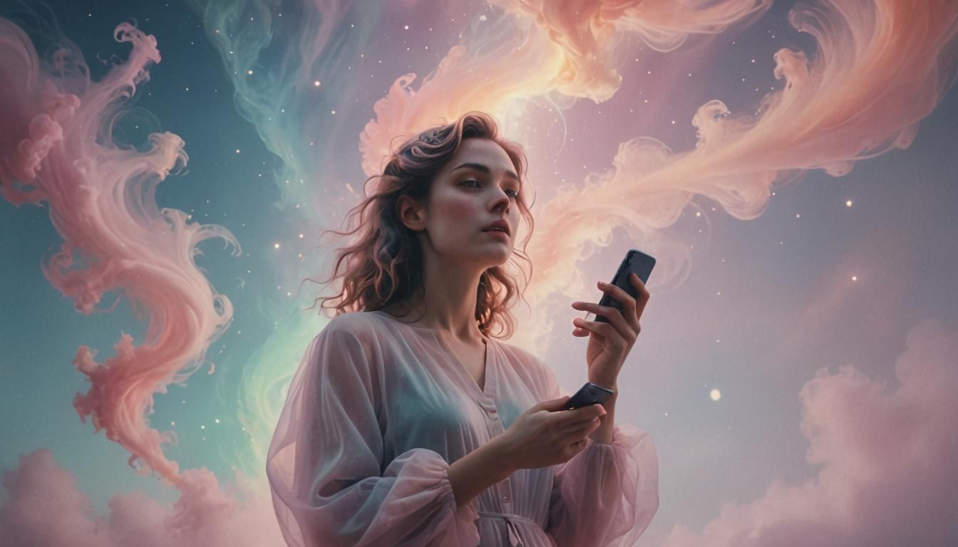 Dreamlike Figure with Phone in Surreal Setting