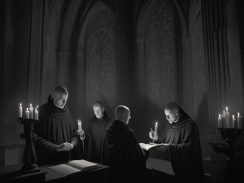Irish Monks Transcribing Books by Candlelight in Castle