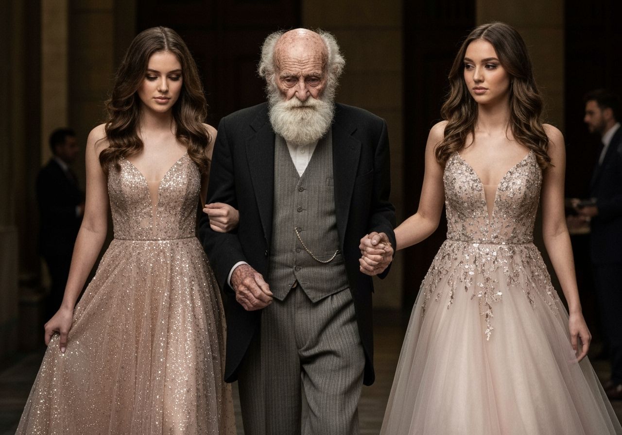 Elderly Man with Young Women in Glamorous Ball Gowns