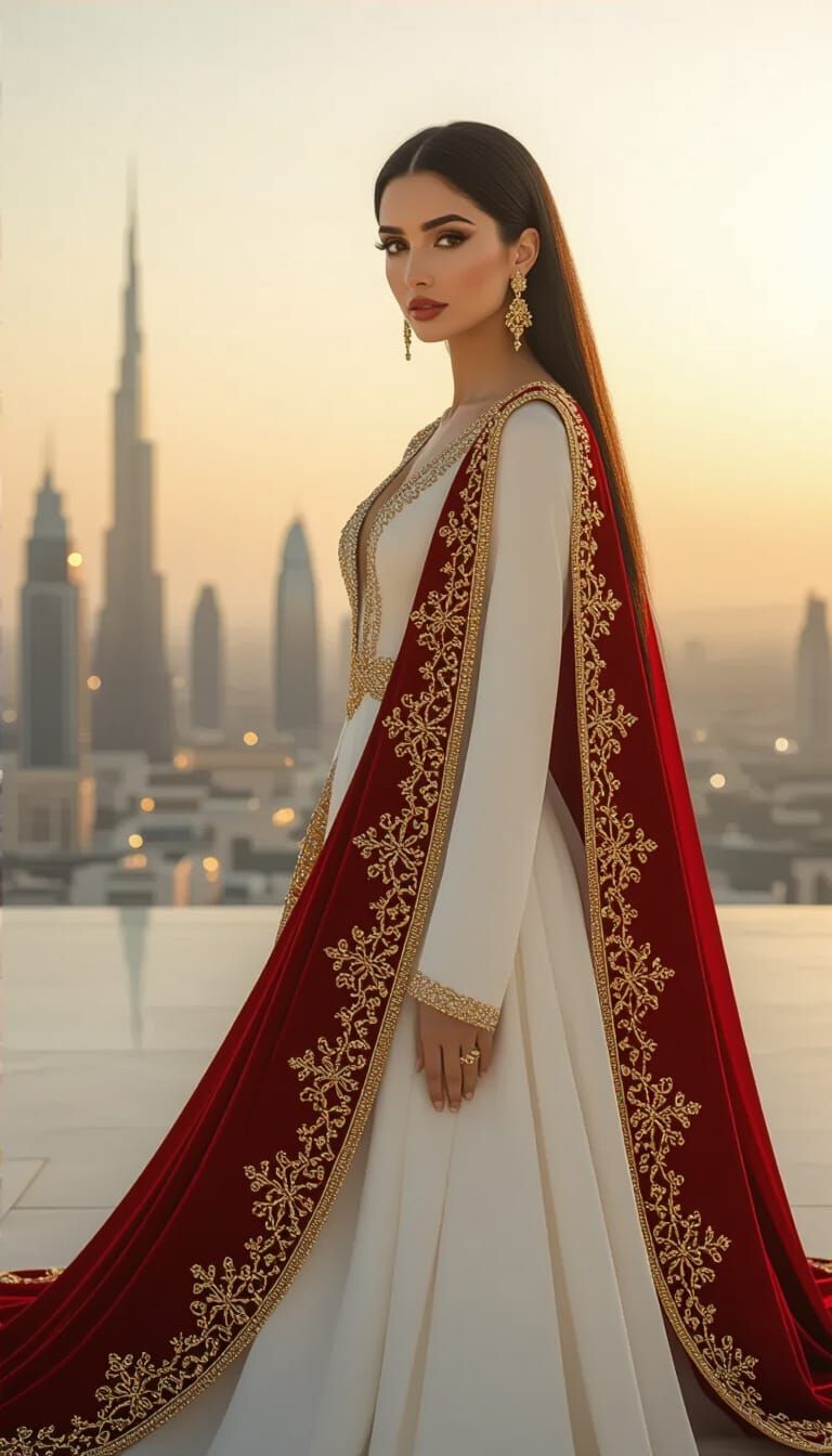 Serene Arab Woman in Futuristic City at Golden Hour