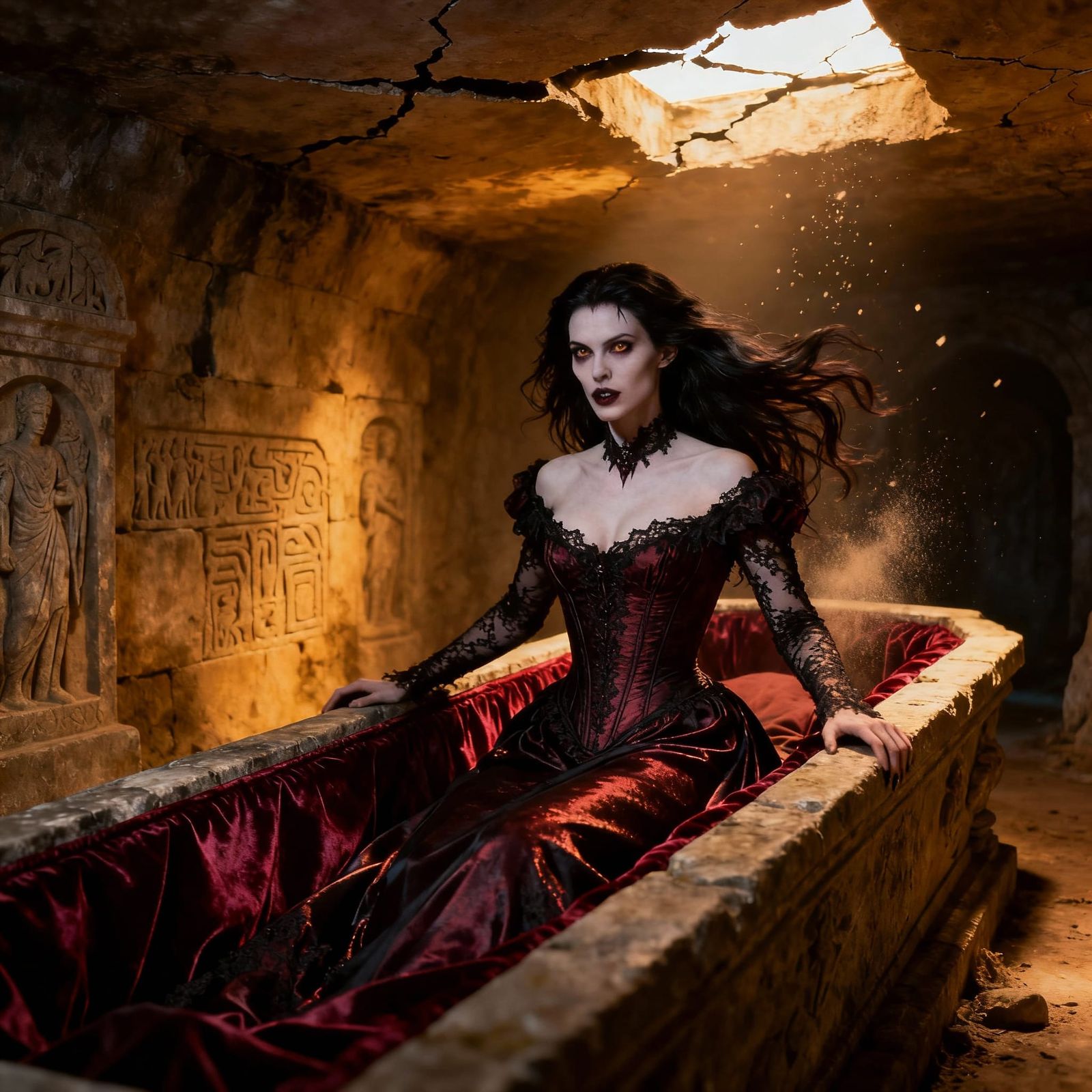 Vampire Emerges From Sarcophagus in Realistic Crypt Style