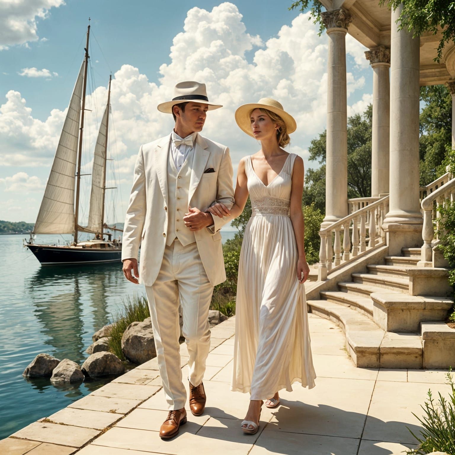 Elegant Couple Strolls Along Embankment in a Bygone Era
