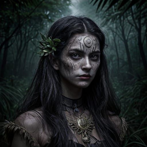 Eerie Jungle Village Scene with Ghostly Prima Donna