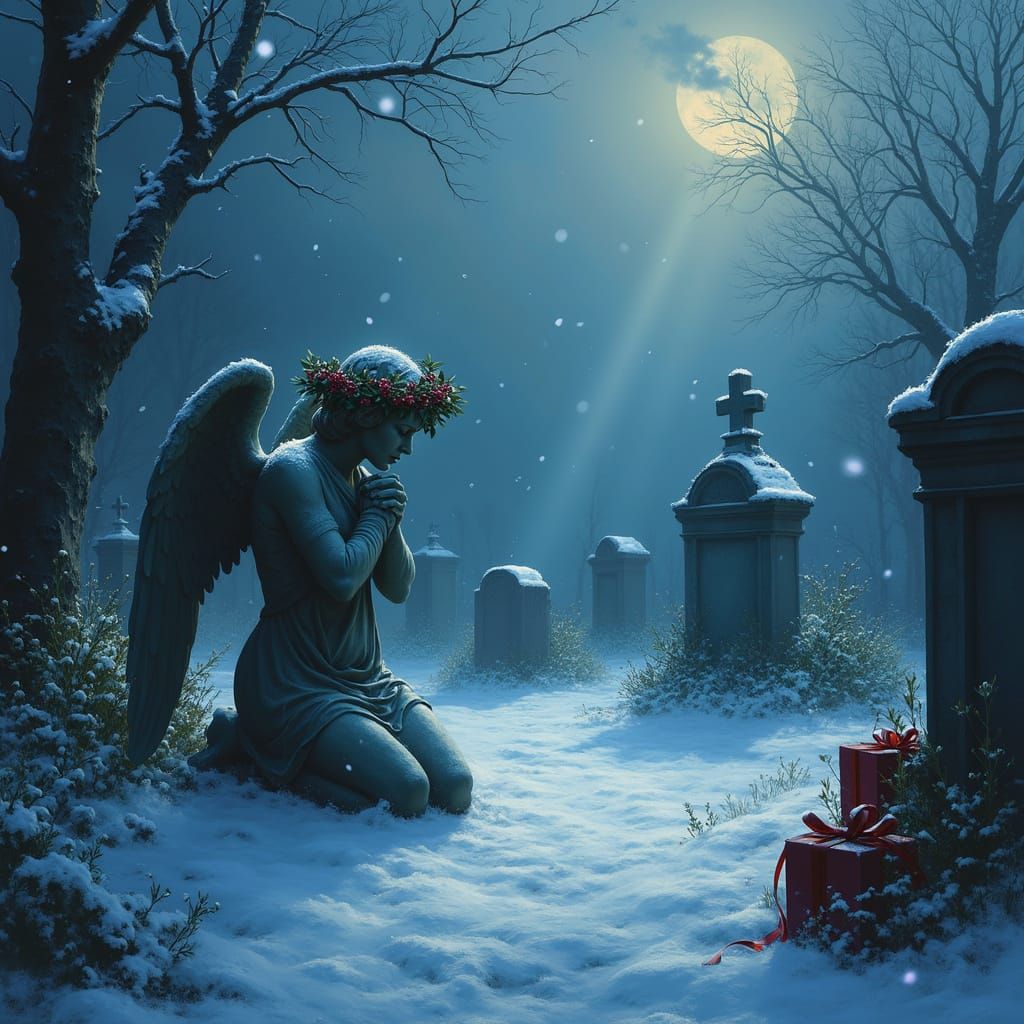Melancholic Snowy Graveyard at Twilight with Weeping Angel
