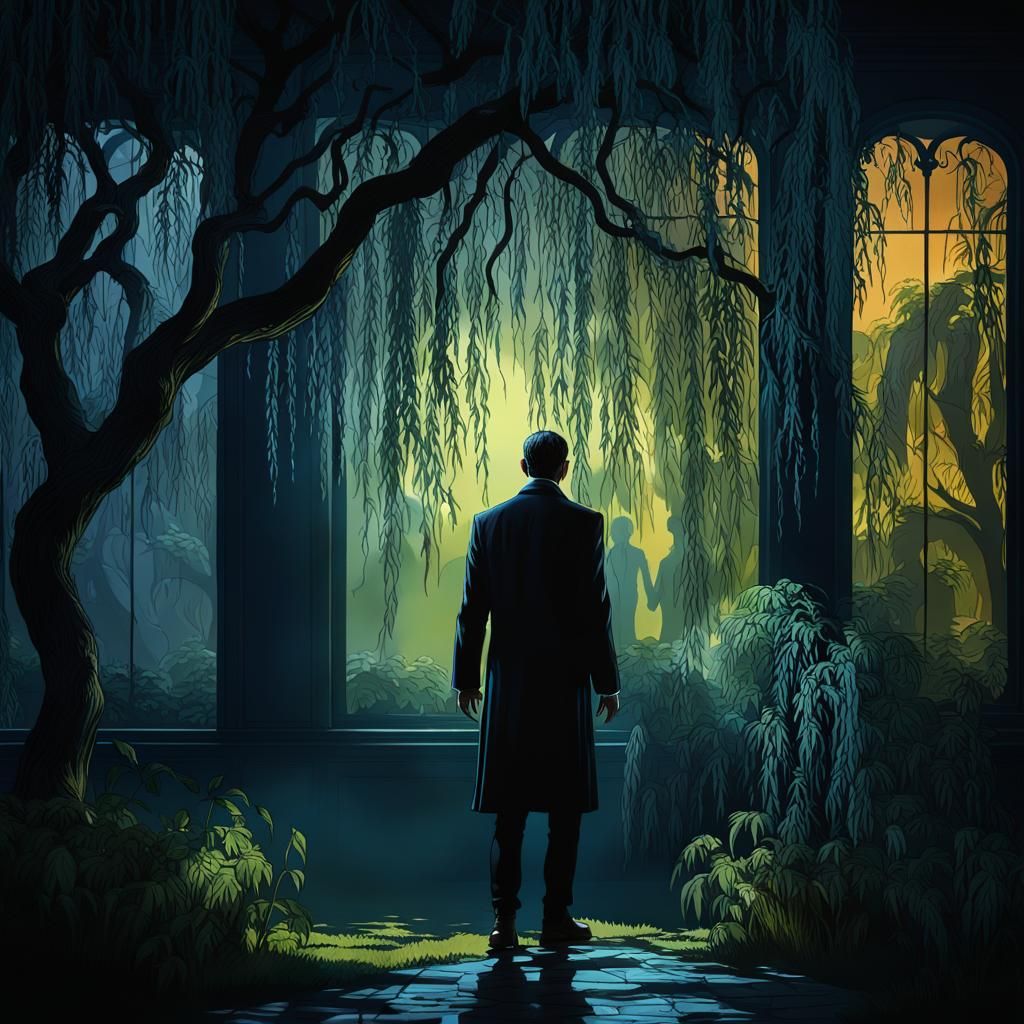 Shadowed Figure in Garden: Detailed Matte Painting