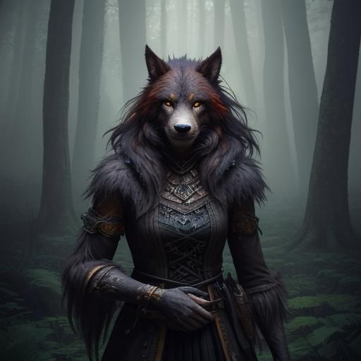 Female Werewolf in Forest with Glowing Mushrooms