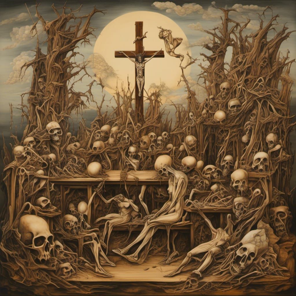 Surreal Medieval Death Penalty in Pyrography Style