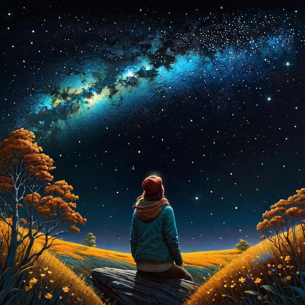 Girl Gazing at Stars in Mixed Media Style
