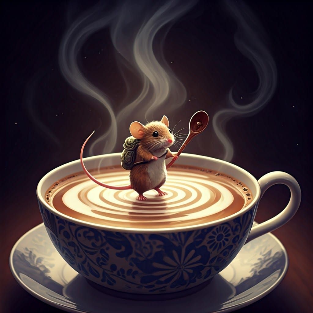 Whimsical Mouse Navigates a Giant Coffee Cup in Fantasy Art ...