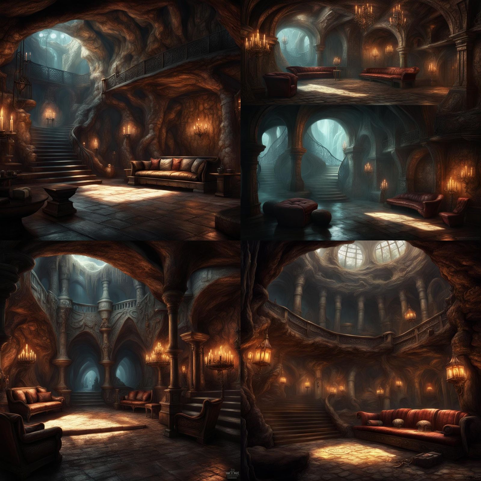 Dnd, fantasy, secret hideout, interior, underground, seating area