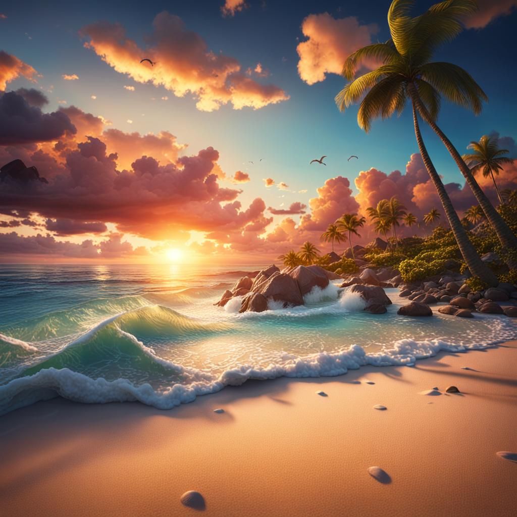 Tropical Beach Sunset: Paradise Nature in 8K