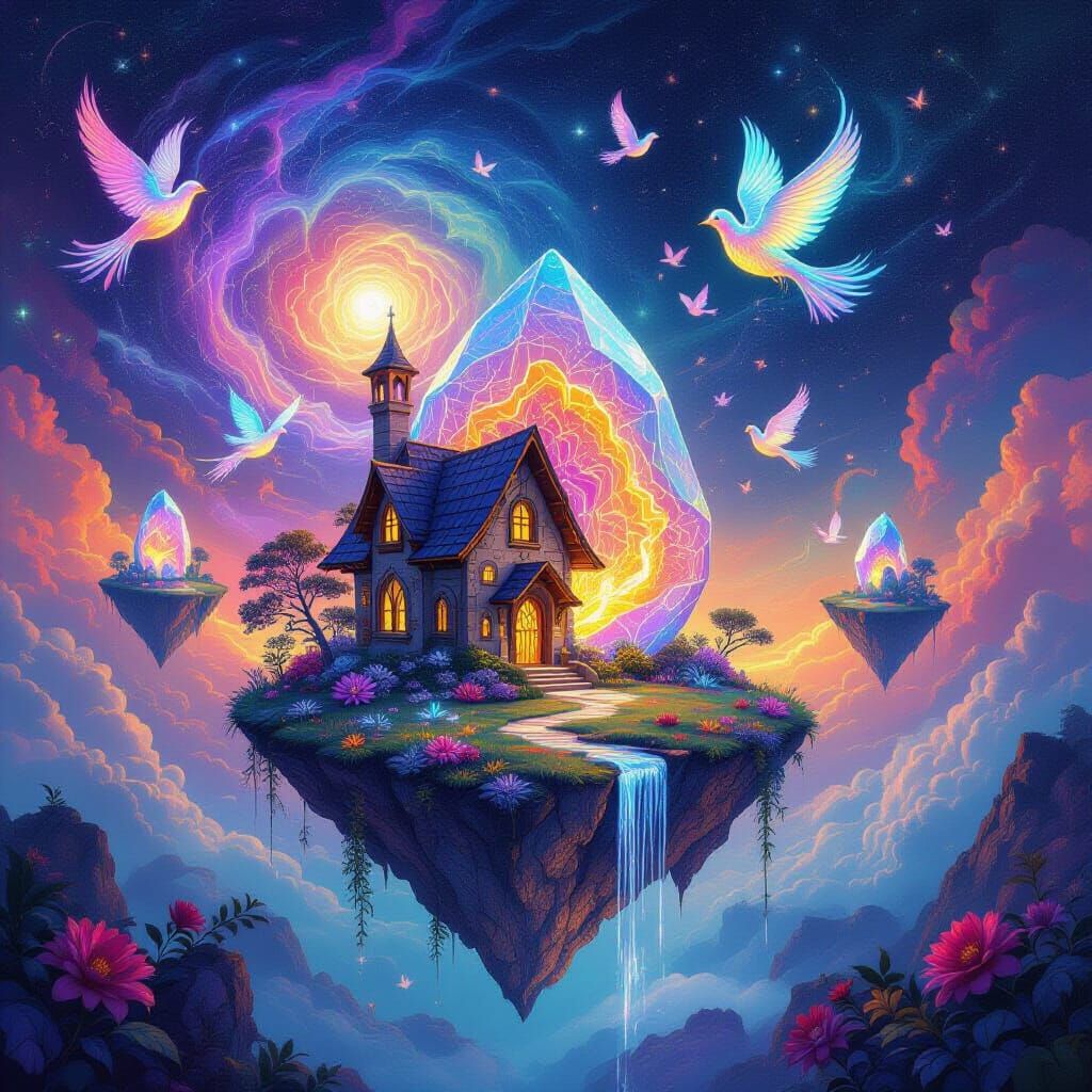 Gemstone House on Cosmic Islands with Celestial Birds