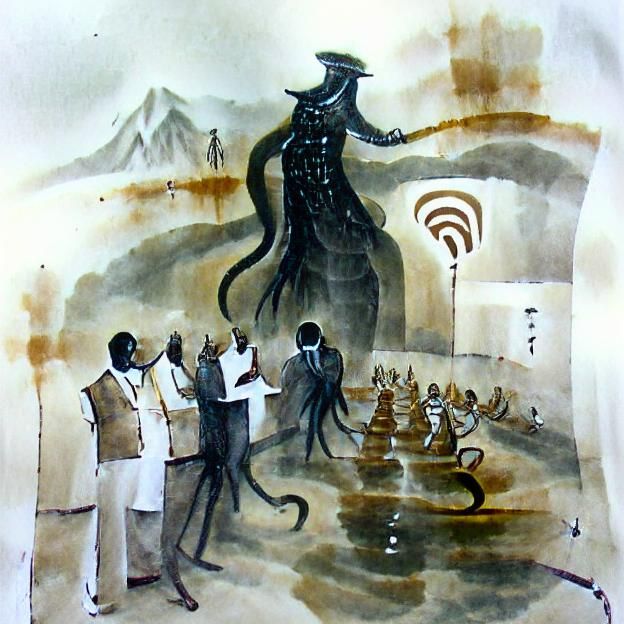 Nyarlathotep Communicates with Followers in Ink Painting
