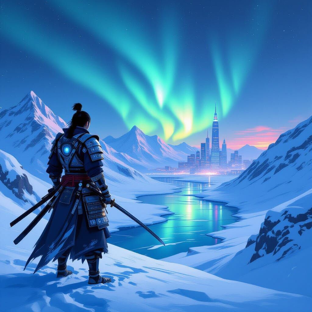 Samurai Warrior Overlooks Futuristic Cityscape in Aurora Lig...
