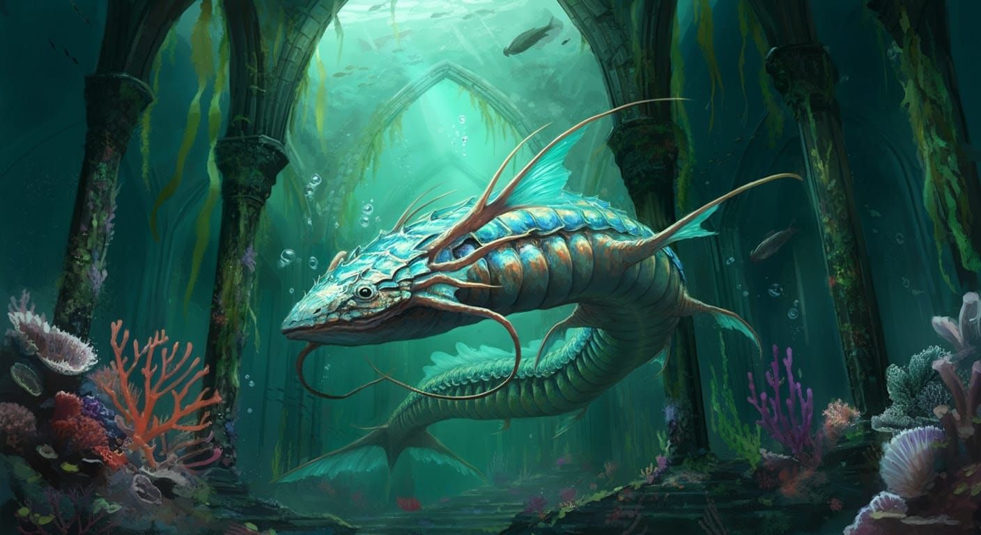 Majestic, Serpentine Creature Glides Through Sunken Cathedra...