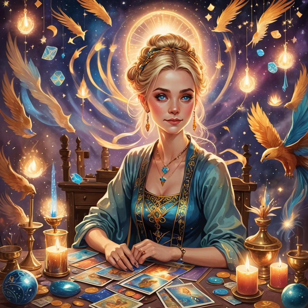 Whimsical Tarot Reader in Soft Watercolor Style