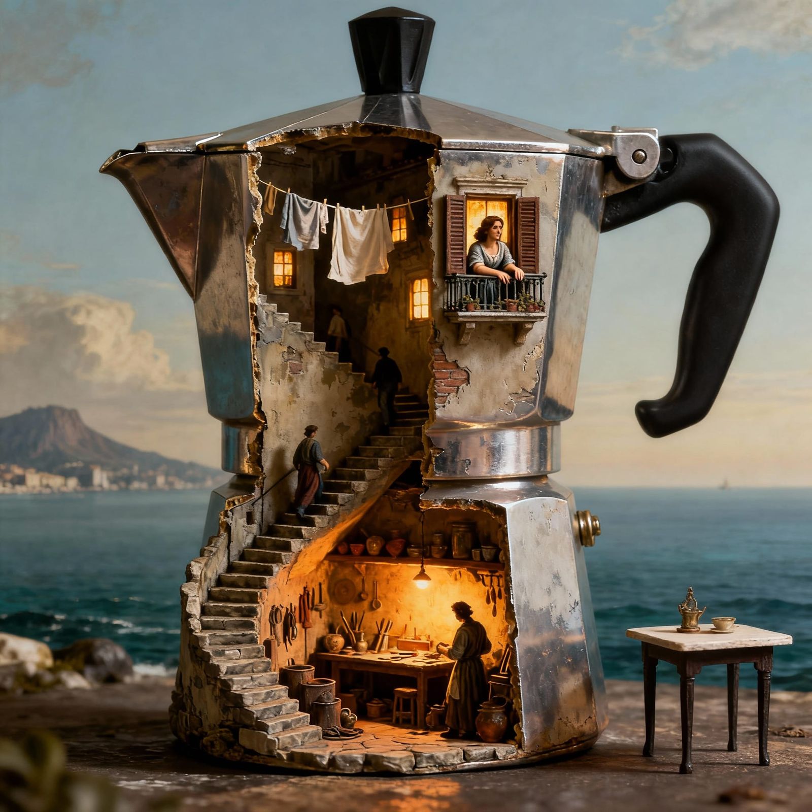 Baroque Neapolitan Village Diorama Inside Moka Pot
