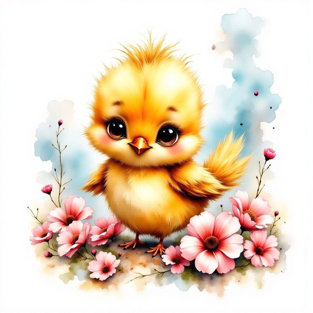 <lora:Impressionist:1.0> A whimsical watercolor of an adorable and fluffy baby bird with messy hair and expressive eyes,...